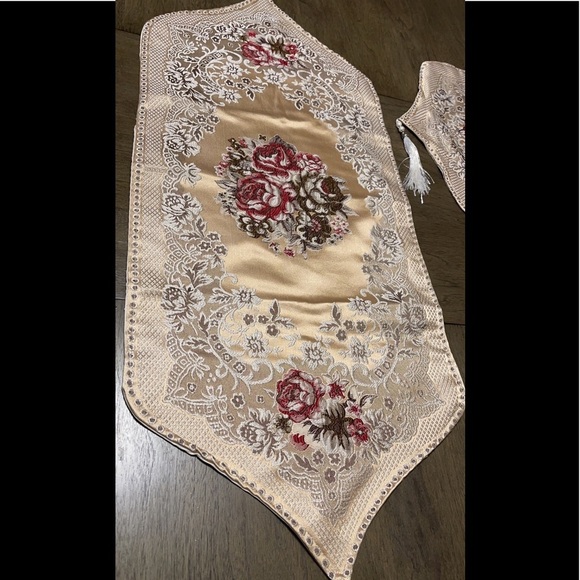 Three Piece Accent Table Cover / Runner Embroidered Red Gold Brown Holiday Eid - Picture 7 of 12